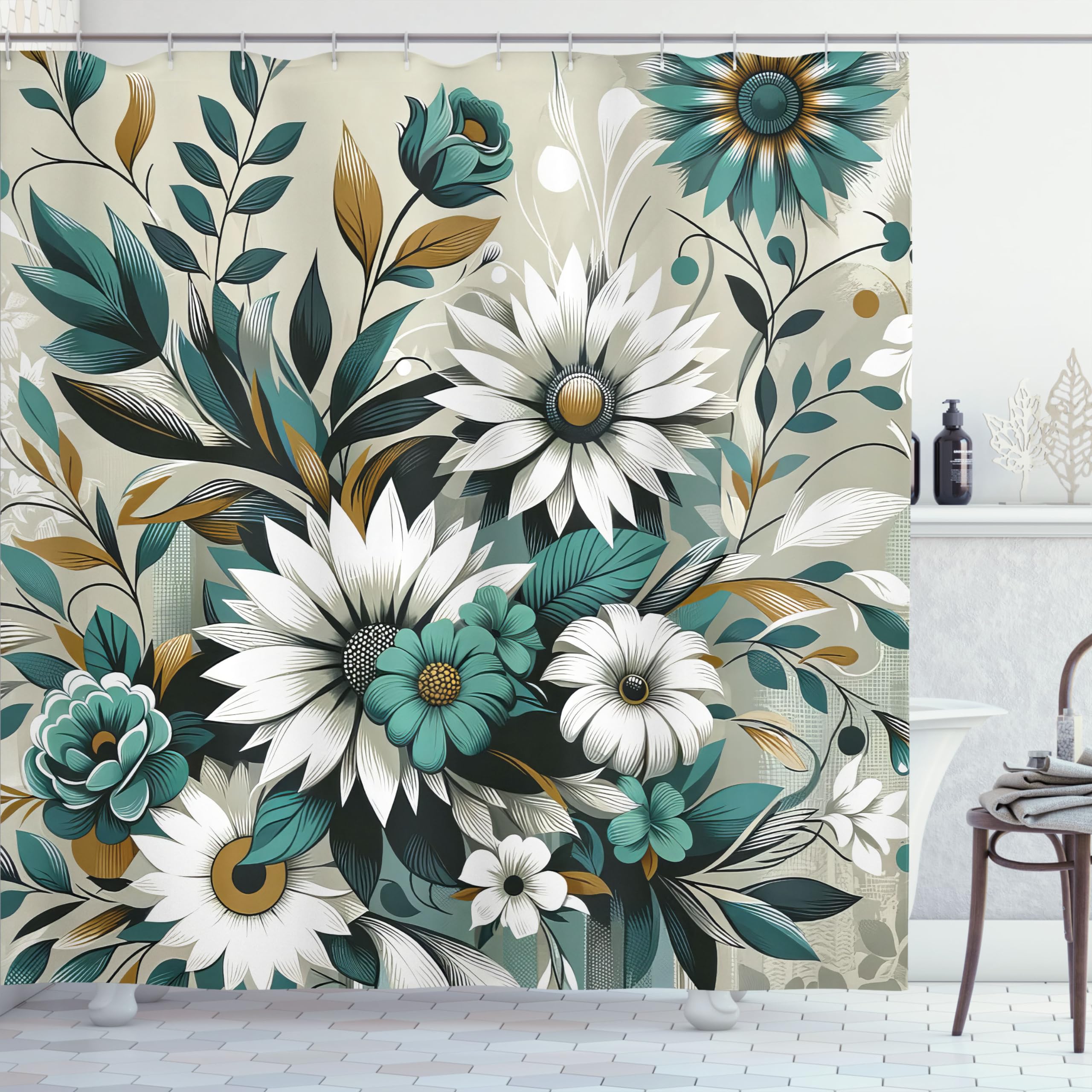 Ambesonne Teal Shower Curtain, Modern Urban Jungle Boho Concept Dancing Daisy With Curving Leaves Huddle, Cloth Fabric Bathroom